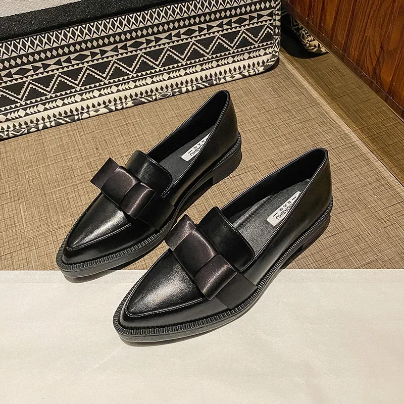 Women Shoes Loafers - Retro Bowknot Oxfords Woman Thick Heels